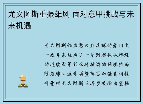 尤文图斯重振雄风 面对意甲挑战与未来机遇